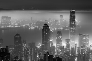 Idyllic landscape of Victoria harbor of Hong Kong city in fog