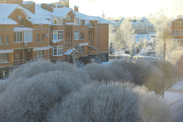 Winter landscape. Fairy-tale beauty of snow-covered streets. Snowfall and cooling in tourist areas.