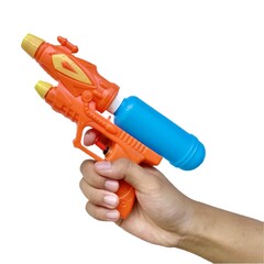 Hand holding watergun toy with vibrant color of 90s on isolated white background