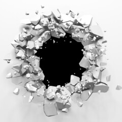 Broken white wall with a hole in the center