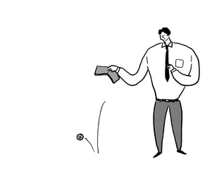 財布から小銭をこぼすスーツの男性、（横、右配置）
