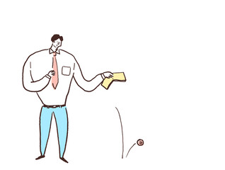 財布から小銭をこぼすスーツの男性、カラー（横、左配置）