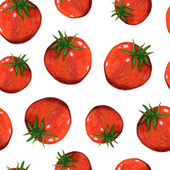 Ripe watercolor tomatoes seamless pattern. Hand drawn illustration on white background. Whole juicy red vegetables, cherry. Organic farm products. Concept for decoration, design