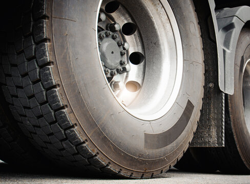 Big Rig Semi Truck Wheels Tires. Lorry Tyres Rubber. Freight Trucks Transport.	