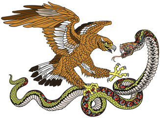 Eagle fighting with a snake serpent. Tattoo style vector illustration