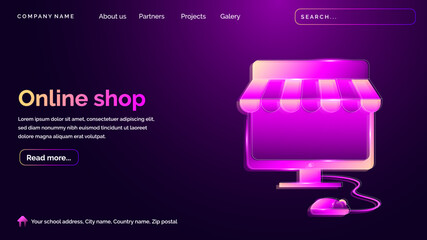 Online shop landing page with technology hologram style in dark background