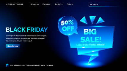Black friday landing page with technology hologram style in dark background