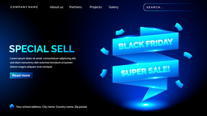 Black friday landing page with technology hologram style in dark background