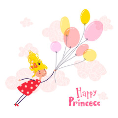 Little cute princess with balloons fly in the sky, pastel colors greeting card