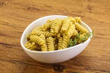 Italian pasta Fusilli with pesto