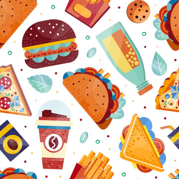Naklejki Fresh Fast Food and Drink Vector Seamless Pattern Template