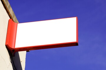 Blank mockup square store signboard empty shop lightbox red on facade wall