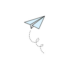 Paper airplane vector icon. Doodle outline style blue color paper airplane. Simple origami aircraft element. Drawing doodle vector illustration.