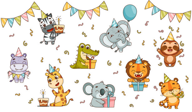 Set kids tropical animals celebrate holiday. Hippo, lion, elephant, giraffe, crocodile, zebra, sloth, tiger, koala. Vector illustration for designs, prints, patterns. Isolated on white background