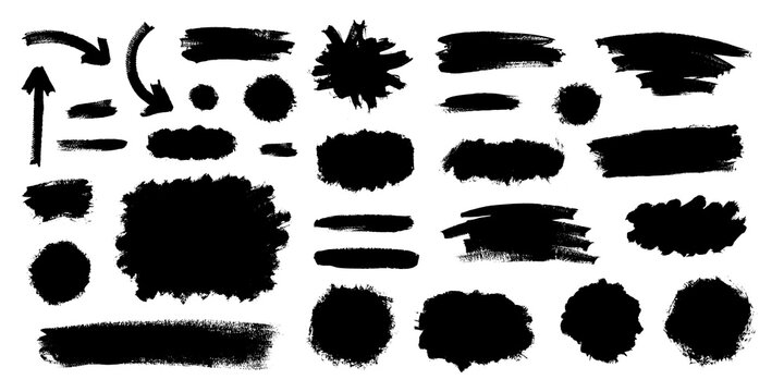 Grunge brush strokes set isolated on white background. Place for text or logo. Border artistic shape, paintbrush elements. Texture overlays. Vector illustration