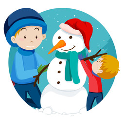 Christmas theme with dad and son build a snowman