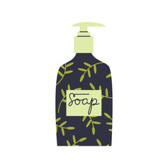 Bottle with a dispenser of liquid soap on a white background. Face, hand, body hygiene product. Vector flat illustration with gel in a plastic package