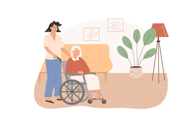 Old age woman living in senior house. Home care services for elderly people. Residential care facility. Volunteer worker taking care of disabled elderly person on wheelchair. Vector illustration.