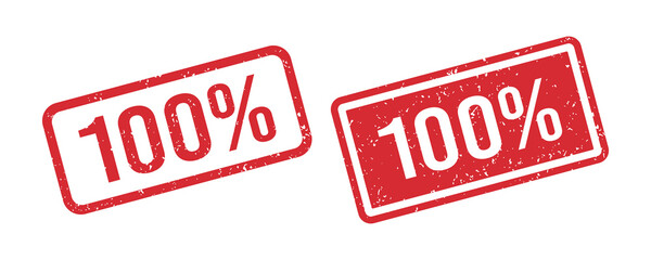 Grunge red 100 percent rubber stamp. One hundred percent seal sign. Stickers set. Grunge vintage square label. Vector illustration isolated on white background.
