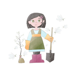 Black-haired girl with a shovel and a young sapling. Watercolor illustration