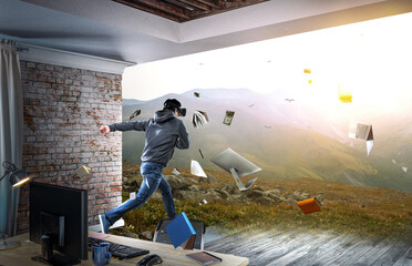 Man wearing virtual reality goggles