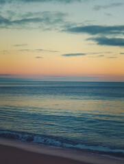 Naklejka na ściany i meble Closeup sea sand beach. Panoramic beach landscape, sunset sky calmness summer mood