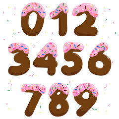 Pink cake numbers with colorful sprinkles. Vector illustration