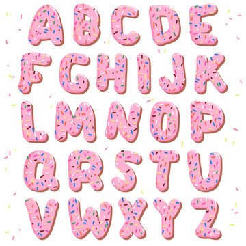 Pink cake alphabet with colorful sprinkles. Vector illustration