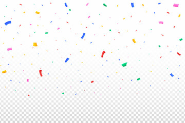 Colorful party tinsel and confetti falling. Confetti vector for festival background. Colorful confetti falling isolated on transparent background. Carnival elements. Birthday celebration.