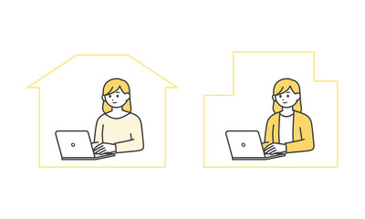 自宅で働く女性とオフィスで働く女性のイラスト素材