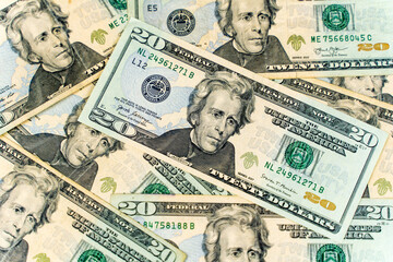 Twenty dollar bills. Dollars background.