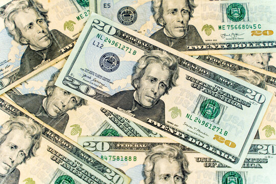 Twenty dollar bills. Dollars background.