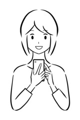 スマートフォンを操作している若い女性のモノクロ線画イラスト