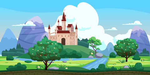 Obraz na płótnie Canvas Fantasy castle landscape, green hills, trees, spring, river, mountains, panorama. Vector cartoon background illustration