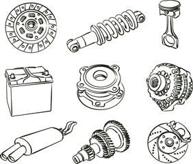 illustration of auto parts. Vector silhouette set 