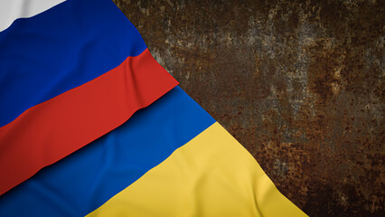 The  Ukraine and Russia flag on rusty surface for business or war concept 3d rendering