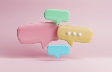Minimalist blue red green and yellow speech bubbles talk icons floating over pink background. Modern conversation or social media messages with shadow. 3D rendering