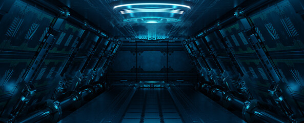 Blue spaceship interior with neon lights on panel walls. Futuristic corridor in space station background. 3d rendering