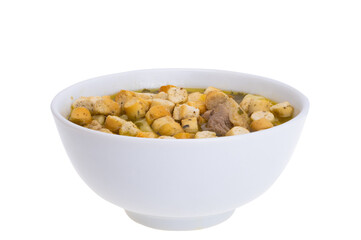 chicken broth with croutons isolated