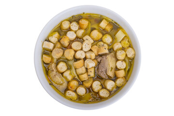chicken broth with croutons isolated