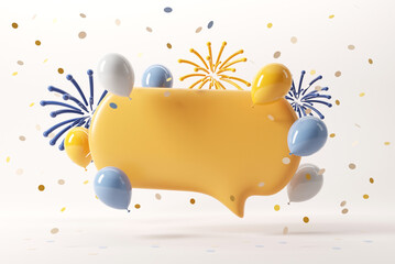 Yellow blank speech bubble with fireworks and falling shiny confetti and balloon on white background, Copy space, 3d render.