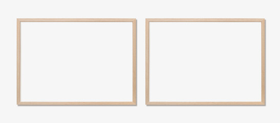 Picture frame mockup, Set of two horizontal wooden frames on white wall, Template for artwork, painting or poster