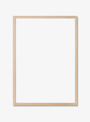 Blank picture frame mockup on white wall, vertical artwork template. Single oak wood frame mock-up