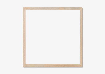 Square blank frame mockup on white wall, artwork template. Single oak wood picture frame mock-up
