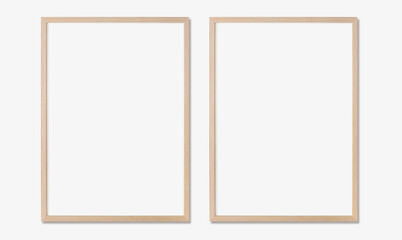 Picture frame mockup, Set of two vertical oak wooden frames on white wall, Template for artwork,...