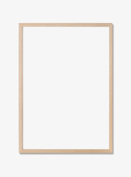 Blank picture frame mockup on white wall, vertical artwork template. Single oak wood frame mock-up