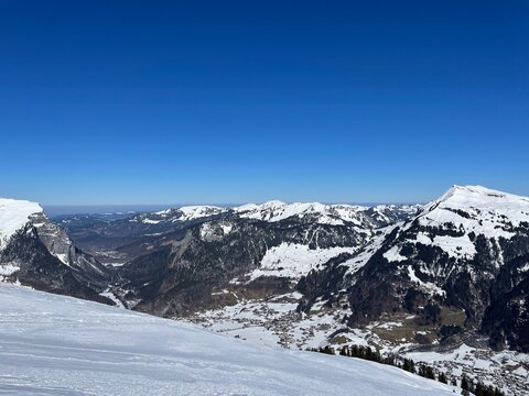 Panoramic view of Au and Schoppernau in Bregenzerwald seen from Toblermannskopf. Vorarlberg, Austria.
