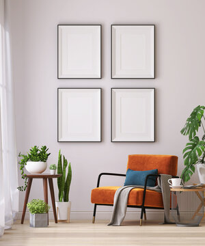 Mockup blank 4 black picture frame gallery on the white beige wall in contemporary living room with orange armchair and house plants in morning sunlight. 3D render for poster frame template.