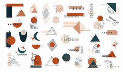 a set of geometric shapes (circle, line, triangle, point). abstract element: in the style of a one line. wallpaper from Memphis, minimalism. for print, banner, postcard. vector art illustration. boho  © dezignstock