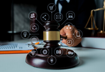 Concepts of Law and Legal services. Lawyer working with law interface icons. Blurred background.	